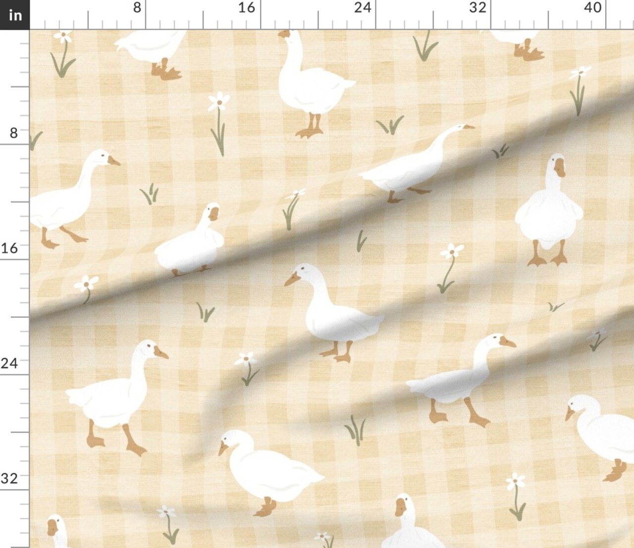 Gingham Goose Playful Faux Texture Gender Neutral Country Farmhouse Birds Flowers Yellow Farm Cottage Custom Printed Fabric by Spoonflower Various Fabrics by the Yard or Fat Quarter